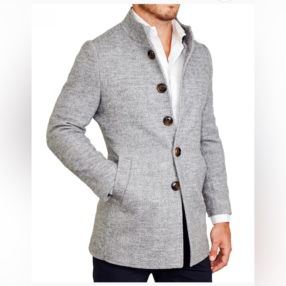 State & Liberty Open Button Overcoat - Grey Herringbone